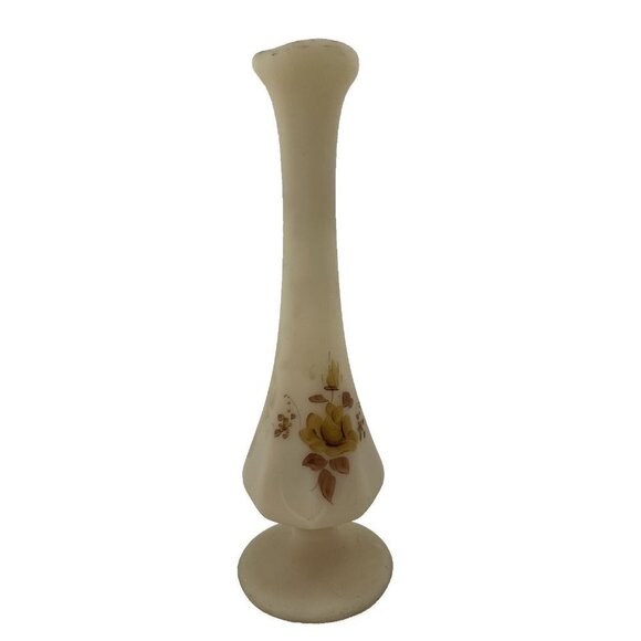 Fenton Vintage Custard Glass Bud Vase hand painted Brown Flower Signed 8… - Picture 1 of 6